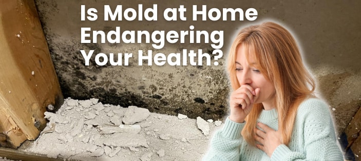 A woman coughing and holding her chest is pictured against a backdrop of moldy surfaces and water damage. Text reads, "Is Mold at Home Endangering Your Health in Omaha?.